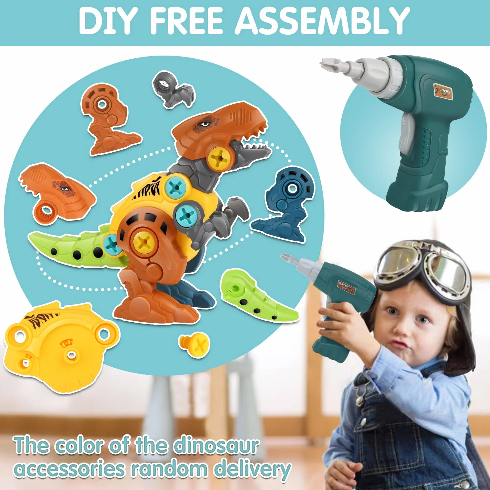 Dreamon Dinosauri Per Bambini 3 4 5 6 7 8 Anni Dinosauro Giocattolo con Scatola Portaoggetti Trapano Elettrico Costruzioni Giocattoli Puzzle Regalo per Ragazzi Ragazze