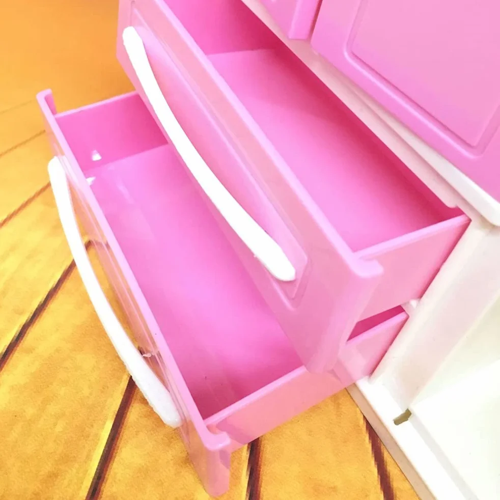 Armadio per bambola rosa con specchio e cassetto, con molteplici scomparti, mini armadio moderno, organizzatore di vestiti, accessori per casa delle bambole, mobili