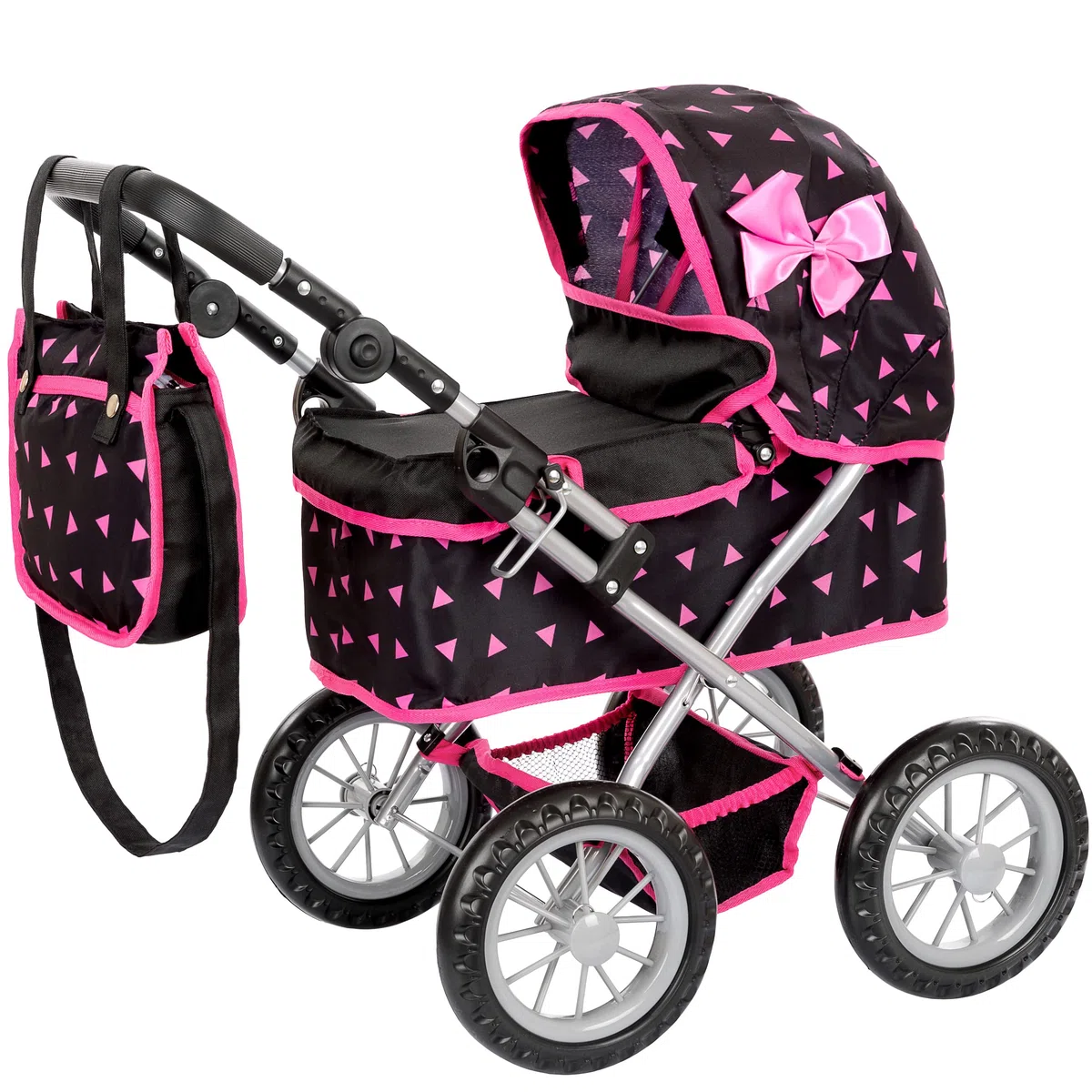 Kinderplay Carrozzina per Bambole con Gondola – Manico Regolabile 33–63 cm – Adatta a Bambole fino a 41 cm – Ruote in Schiuma Silenziose – Passeggino Giocattolo 3+