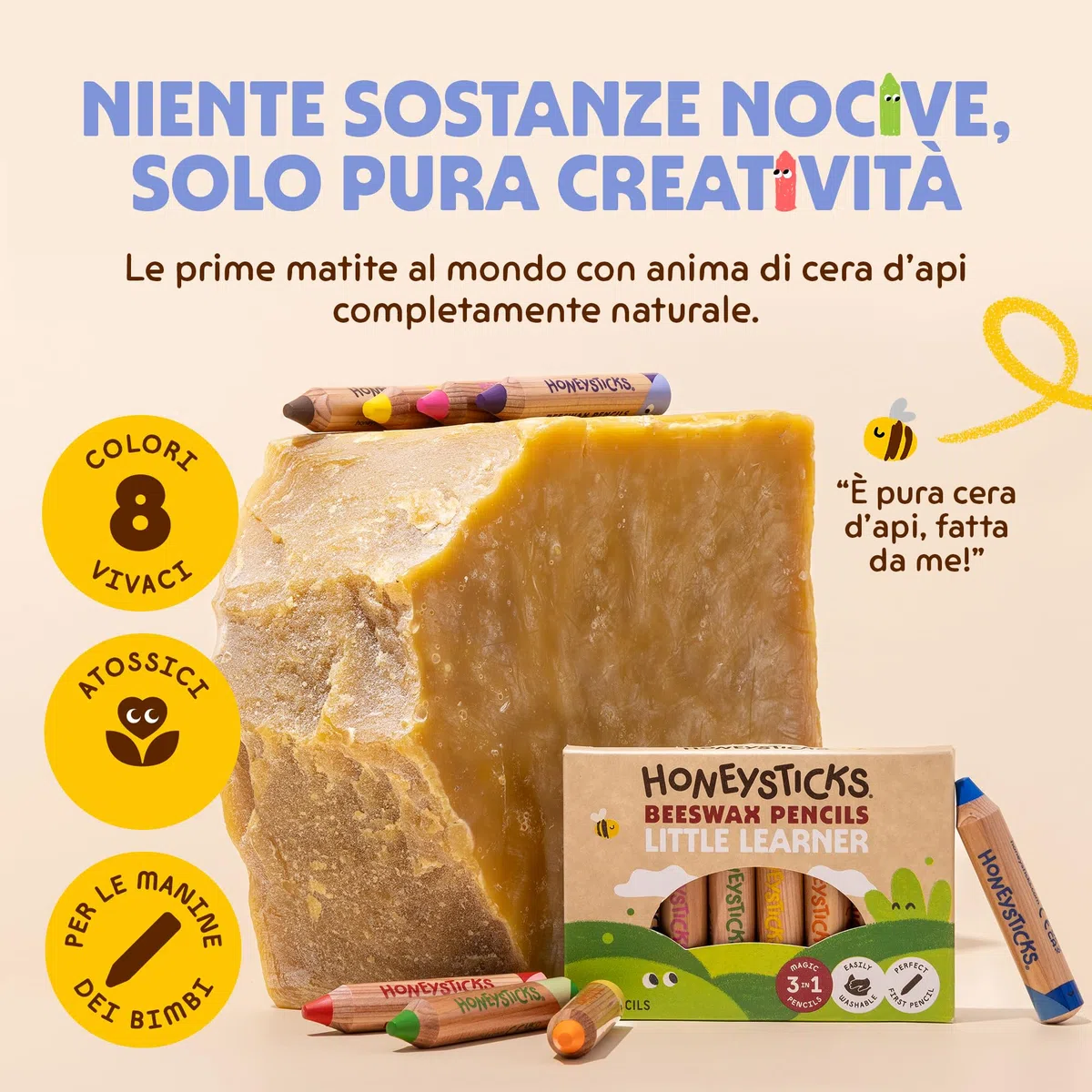 Honeysticks Matitoni Colorati per Bambini Jumbo Little Learner (Set da 8) – Pastelli Colorati con Mina in Cera d’Api Atossica, Facili da Impugnare, Colori Vivaci per Disegnare e Colorare