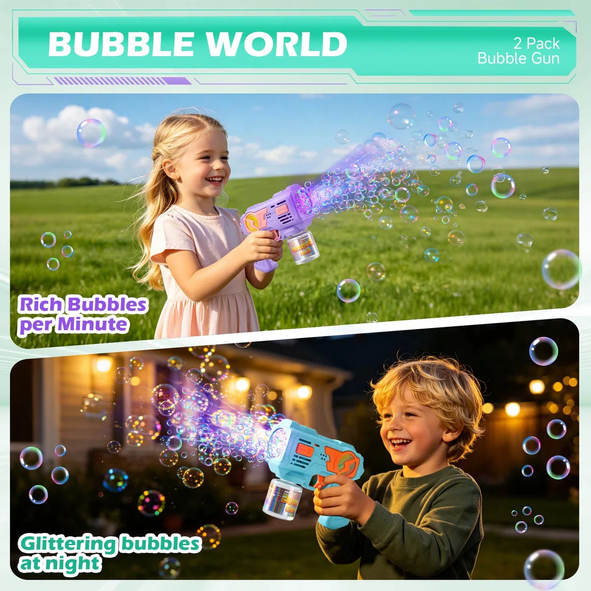 Set da 2 Pistole a Bolle per Bambini, Pistola a Bolle Automatica con Luci LED e 20 Bustine di Concentrato (10 ml), Macchina Bolle di Sapone Elettrica per Esterno, Compleanno e Feste