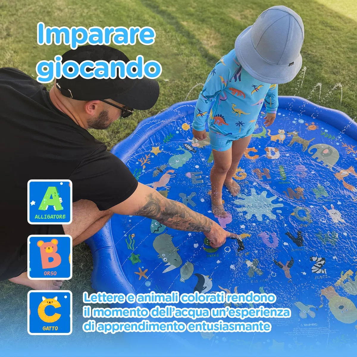 KiddoSpace Splash Pad per Bambini – Tappetino da gioco acquatico antiscivolo per esterni con design educativi, divertente attività estiva da giardino per neonati e bambini, include kit di riparazione