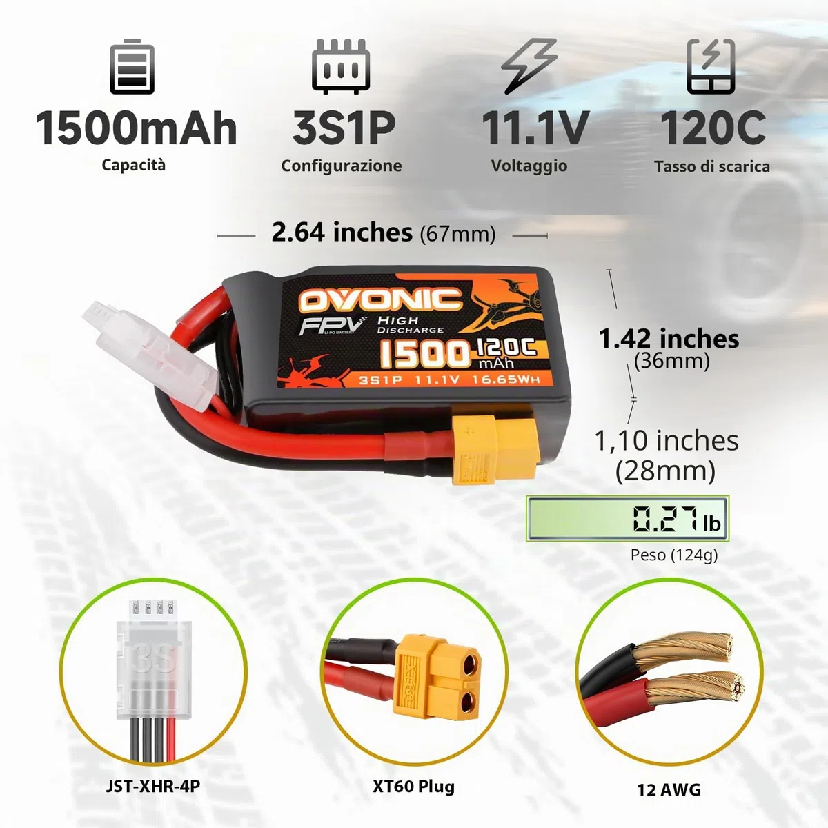 OVONIC Batteria Lipo 3s 1500mAh 120C 11.1V con Spina XT60 per FPV RC Aereo Auto RC Quadcopter Elicotteri Camion Barca Hobby (2 pcs）