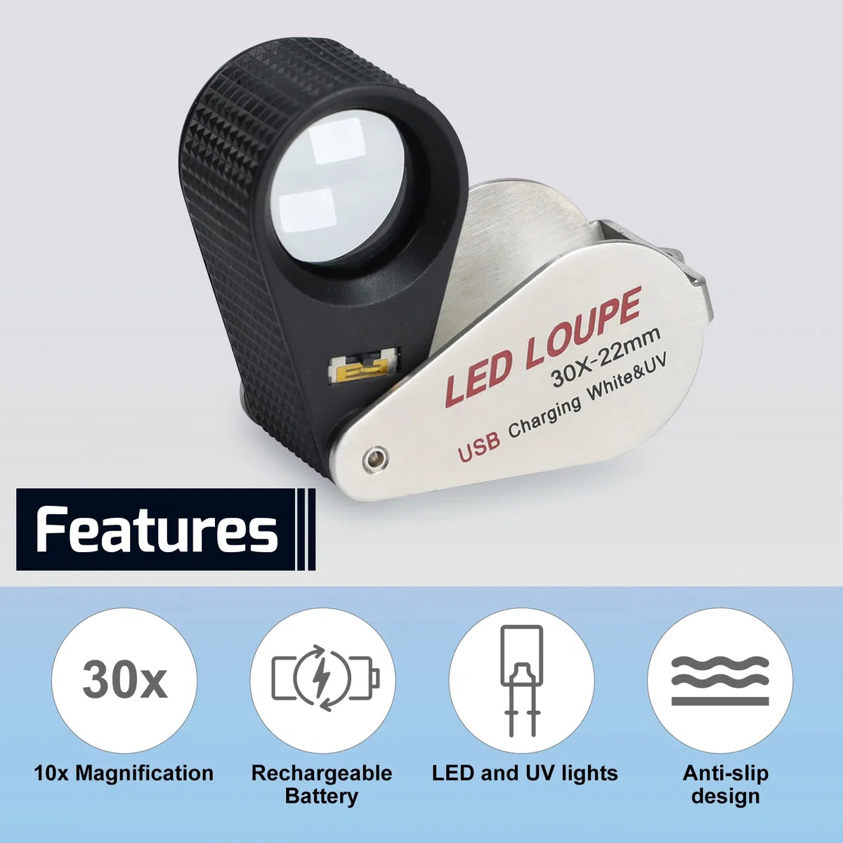 Lente d'Ingrandimento Illuminata da Gioielliere 30x, Lente Pieghevole Ricaricabile con LED e Luce UV per Gemme, Gioielli, Monete, Francobolli, ecc.