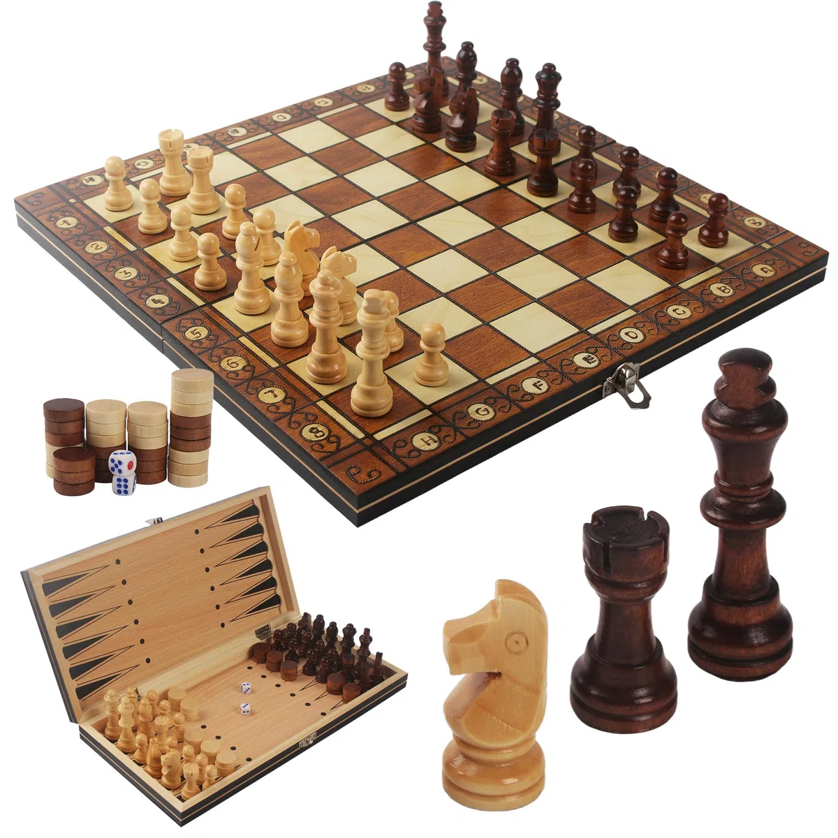 Scacchiera in Legno, 3 in 1, 34x34cm Scacchiera Magnetica Portatile, Gioco da Tavola per Bambini e Adulti