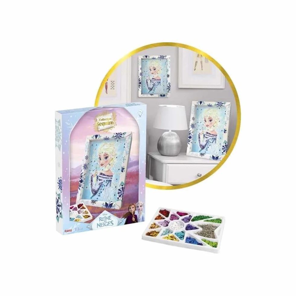 Lansay - COLLECTION SEQUINS - Elsa La Regina delle Nevi - Kit Mosaico con Paillettes per Bambini dai 7 Anni - Quadro Scintillante con Cornice, Paillettes e Spilli - Idea Regalo Creativa Disney
