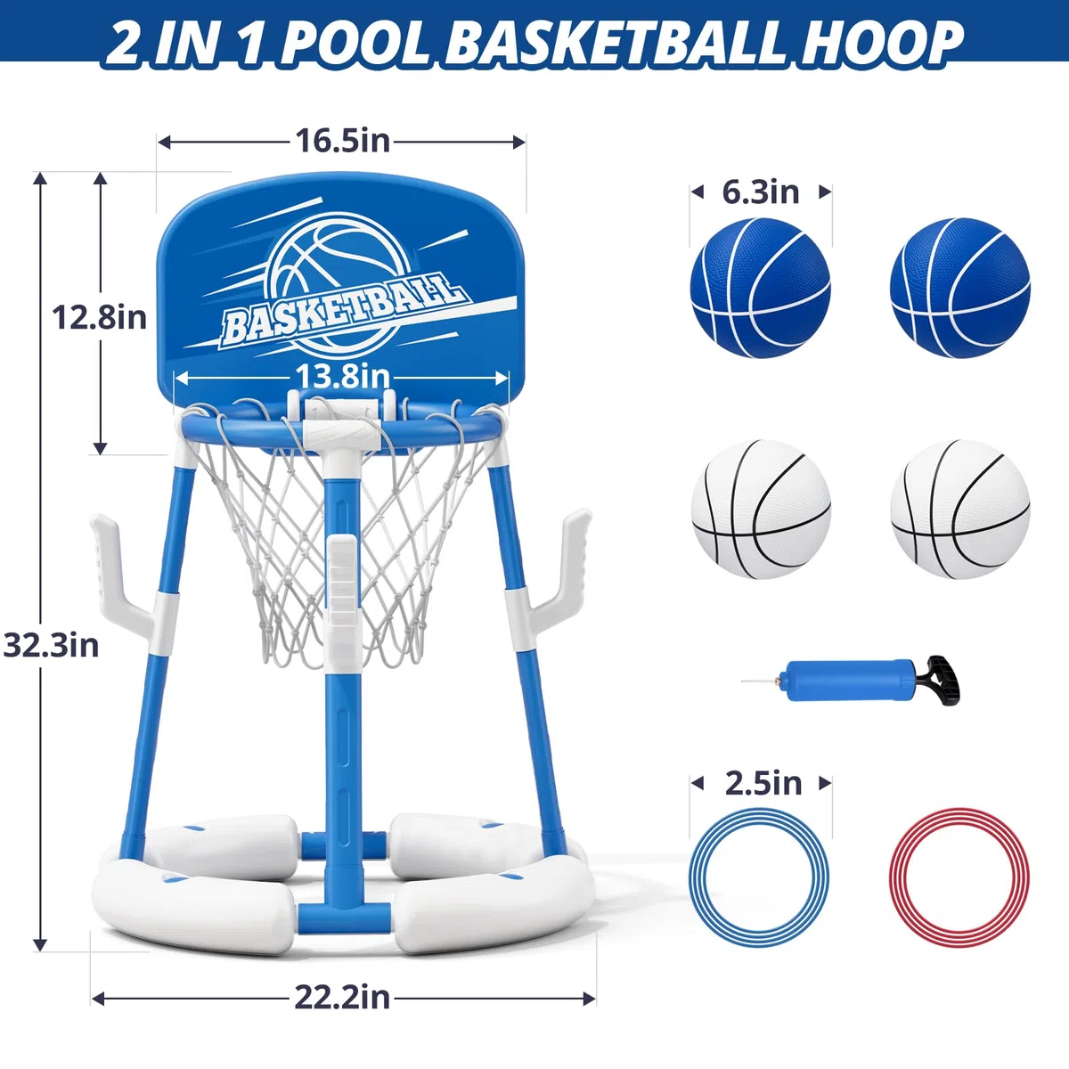 HYES Canestro da Basket per Piscina, Canestro Piscina Galleggiante con 4 Palline e Pompa, 8 Anelli, Set da Canestro Basket Giochi Acqua Piscina per Bambini e Adulti, Blu
