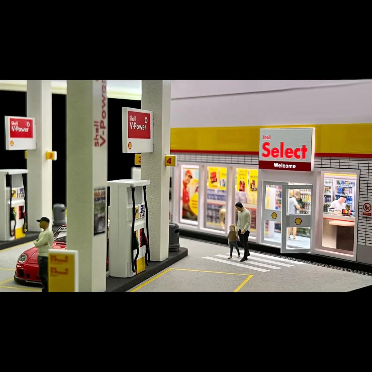 1:64 Shell Petrol Station Model Scene, edificio in miniatura con illuminazione e accessori, set di diorama realistico per auto e collezionisti di display