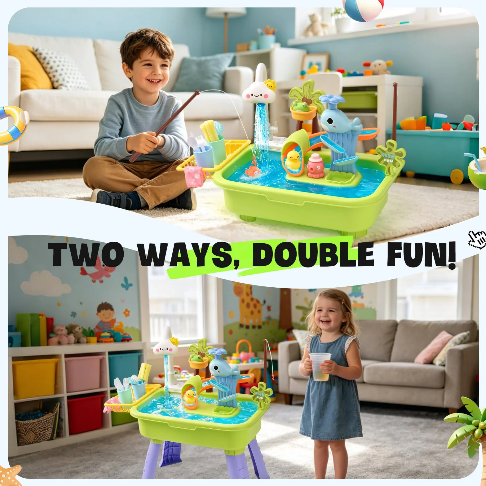 4 in 1 Tavolo Acqua Bambini con Pompa, Lavandino Giocattolo con Acqua Corrente, Gioco di Pesca e Scivolo, Tavolo d’Acqua per Bambini Esterno, Gioco Sensoriale per Bambini da 3 Anni