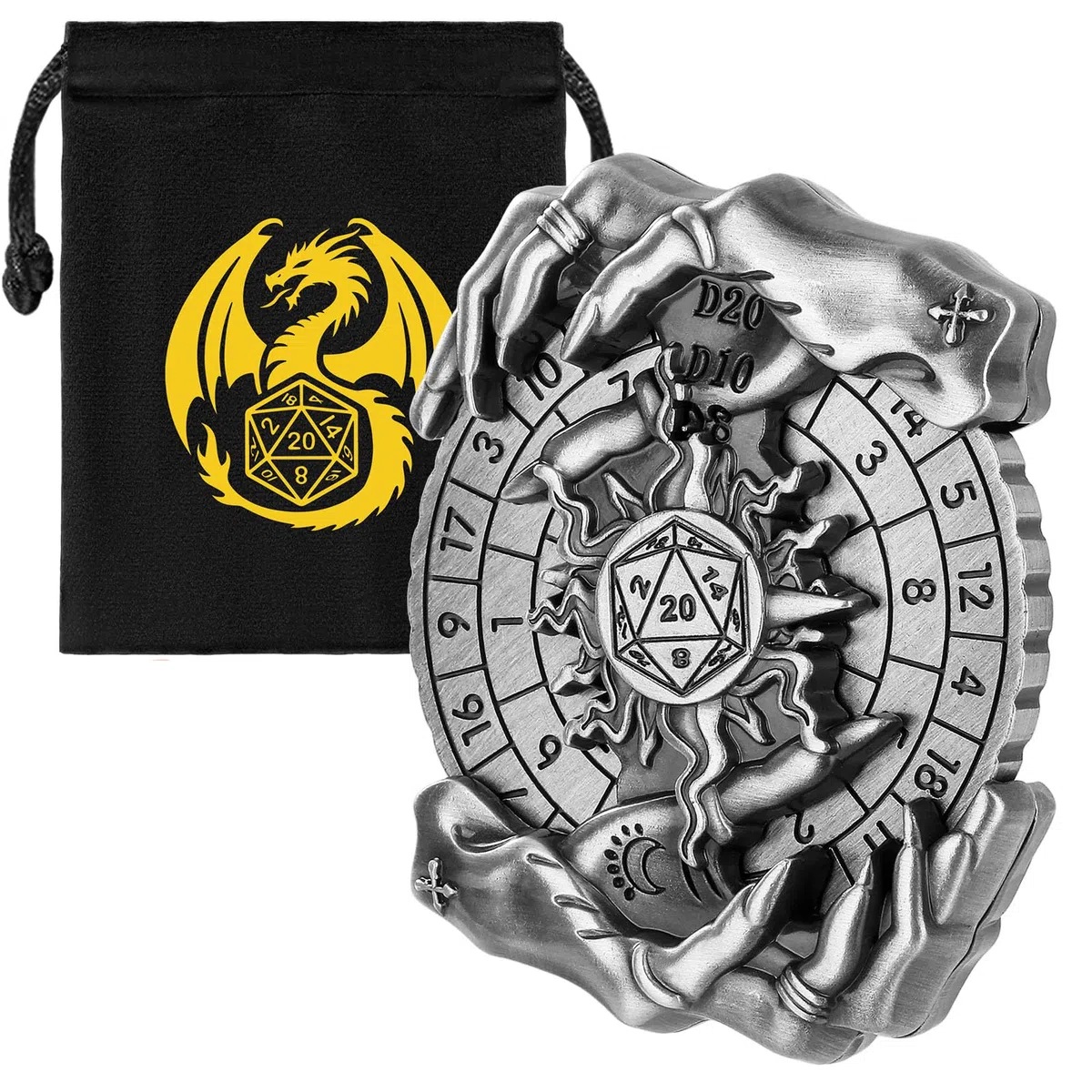 Mano Magica DND Ruota Dadi Spinner, 7-in-1 Metallici Spinner di Dadi, Roulette Mano Magica, Regali D&D, Sacchetto Regalo con Logo Drago, Giochi di Ruolo, Accessori per Giochi da Tavolo, Argento Scuro