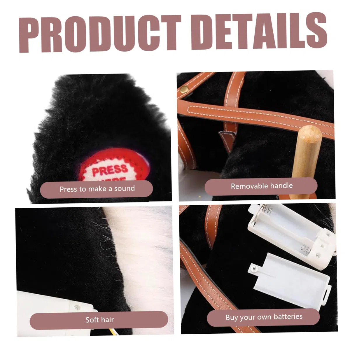 Cavallo di peluche con suono realistico e ruote, palo di legno cavalcabile da 39 pollici per regalo per bambini (nero)