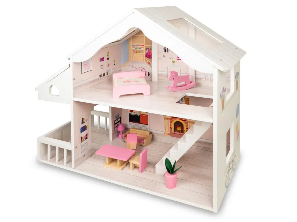 Teorema FATTO DI LEGNO – Casa delle Bambole in Legno con Solario e Accessori, Villetta Grande 58,5x24x56 cm per Bambina 3+ Anni, Dollhouse Completa