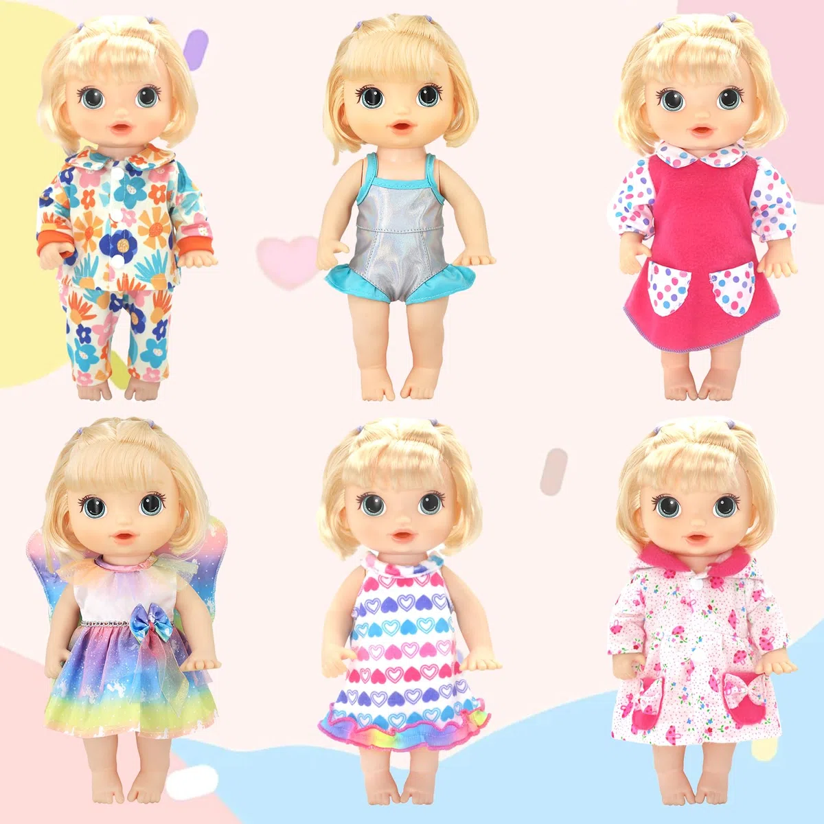 Xerteam Set di 6 Vestiti per Bambole, Vestiti per Bambole da 12-14 Pollici Vestiti per Bambole Neonato con Grucce, 30-45cm Vestiti per Bambole Sweet Bibi - Vestito Rosa Pigiama Costume da Bagno