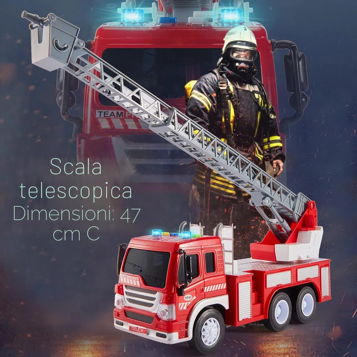 HERSITY Camion Pompieri Giocattolo Grande, Giochi Vigili del Fuoco con Luci e Suoni, Scala Retrattile, 1/16 Camioncino con Macchinine per Bambini Maschio 3 4 5 Anni