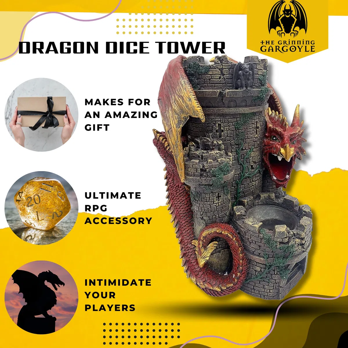 Torre dei dadi del drago rosso - Torre rotante in resina dipinta a mano da 26 cm - Perfetto per DnD, RPG e RPG da tavolo - Incredibile regalo GM