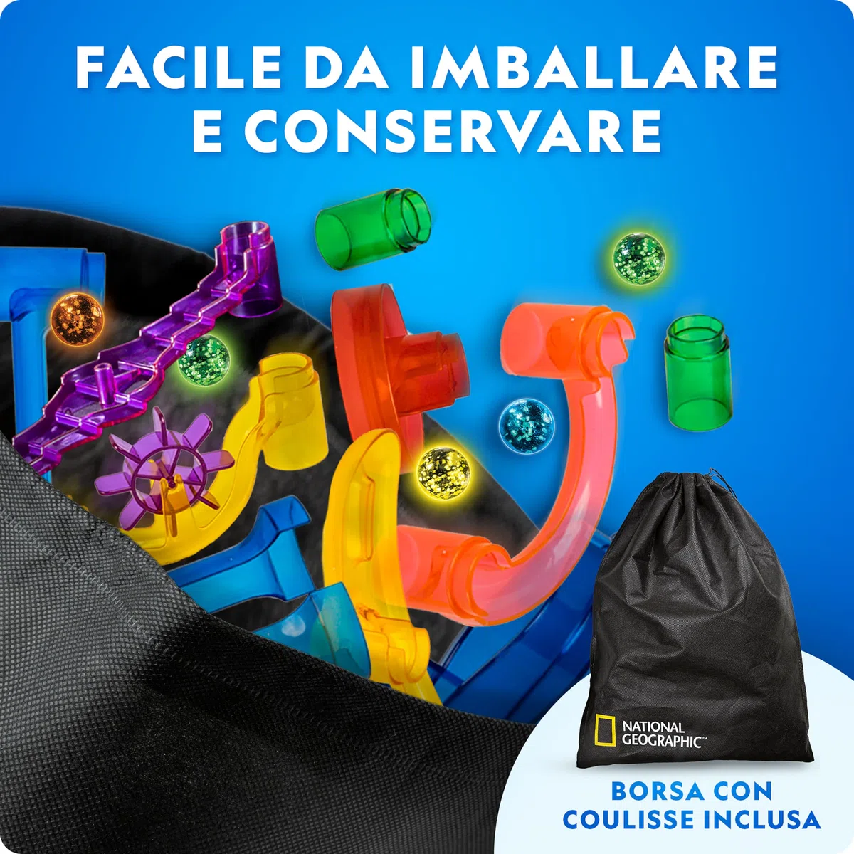 NATIONAL GEOGRAPHIC Percorso di Biglie Fluorescenti – Kit di Costruzione con 15 Biglie in Vetro che si Illuminano al Buio e Sacca, Gioco STEM per Bambini e Bambine