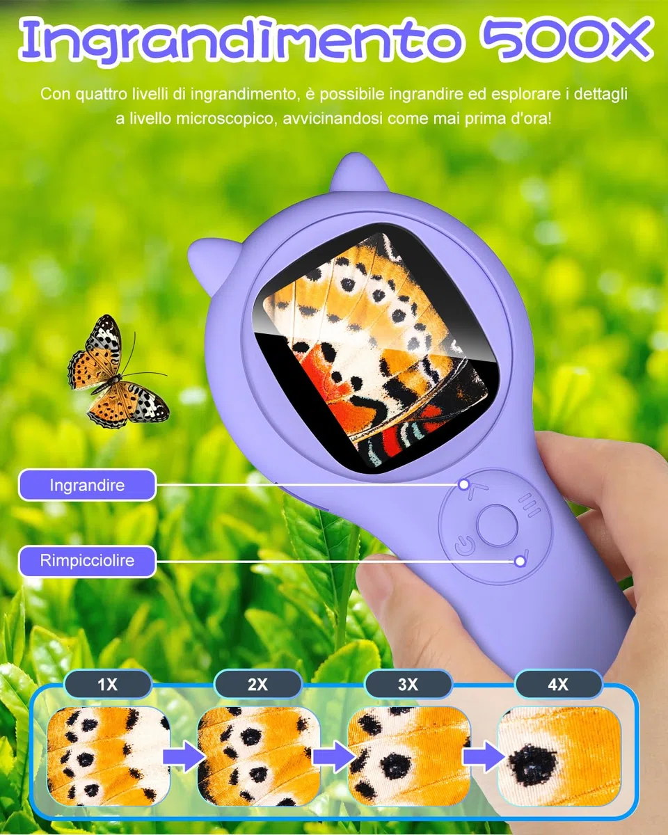 Microscopio per bambini, Vankarr microscopio portatile 500X con schermo IPS 2,0", giocattolo educativo per microcosmo, appassionati di scienza, compleanno, Natale, Viola