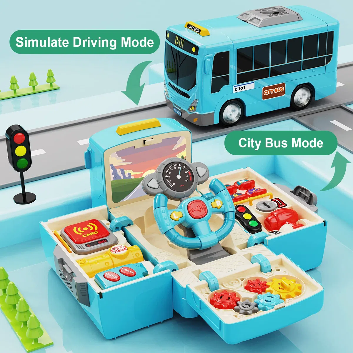 HONGTUO Autobus giocattolo con suoni e luci, giocattolo con volante, giocattoli per bambini con musica, regalo per 3-5 bambini e bambine