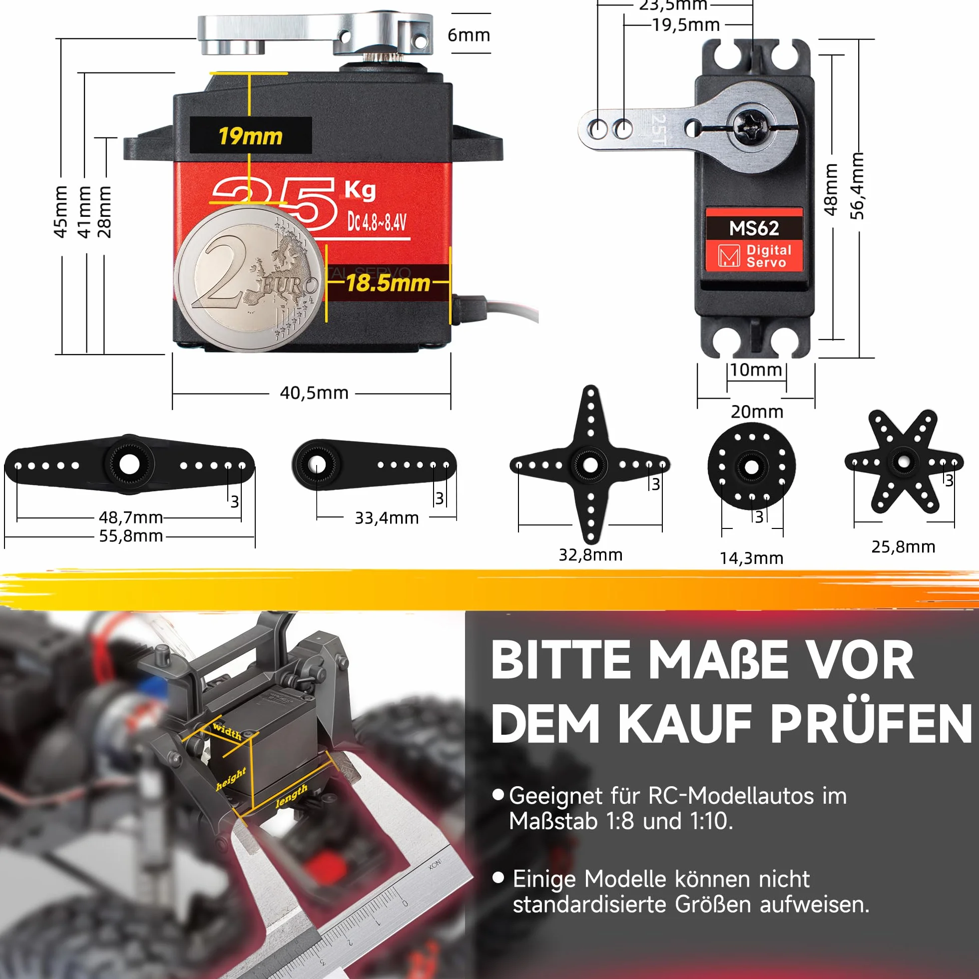 Miuzei Servomotore Rc Digitale 25kg 180 Metallo Gear Servocomando rc 1/10 1/8 Compatibile con Arduino High Torque Per Modellismo Mano Robotica