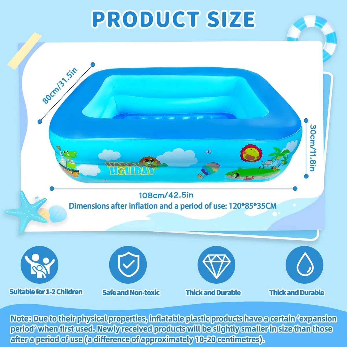 Piscina Gonfiabile Bambini Rettangolare, 120 cm Piscina per Bambini in PVC, Piscina Gonfiabile Rettangolare, Piscine Rettangolari Gonfiabili per Interni ed Esterni, Portatile e Resistente