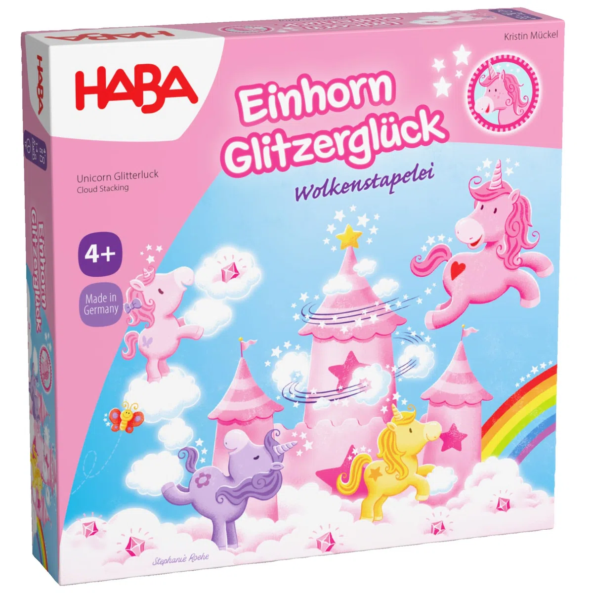 HABA Unicorno Glitter Felice - Gioco impilabile per Bambini con unicorni, Nuvole di Legno e 10 Cristalli di Nuvola Scintillanti, dai 4 Anni in su, 2012232001