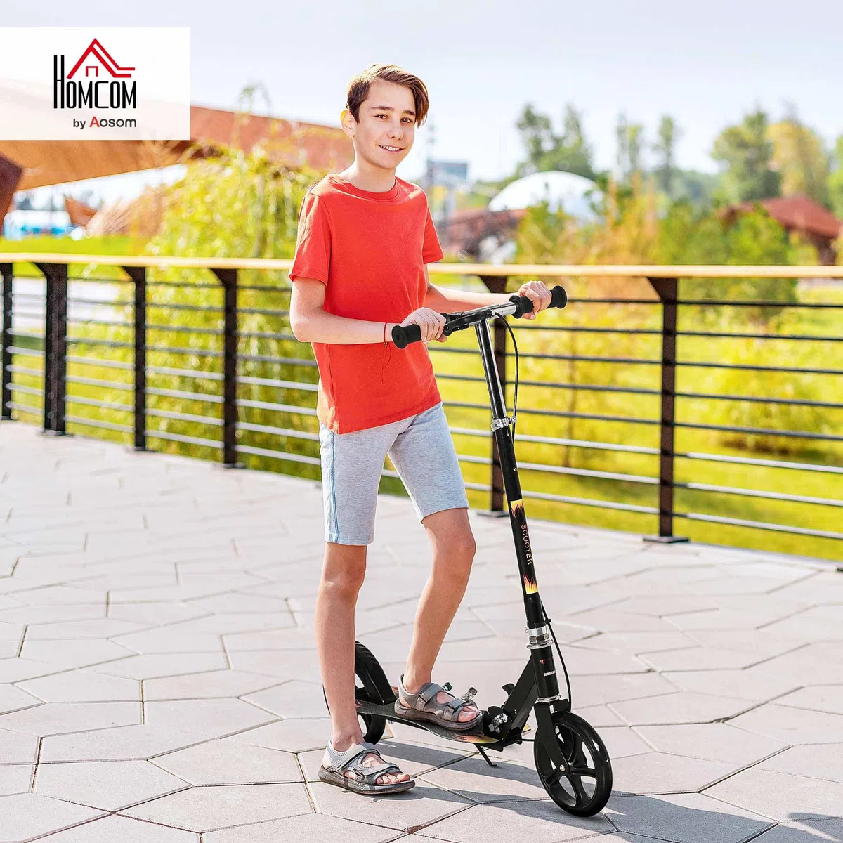 HOMCOM Monopattino per Bambini 7-14 Anni Pieghevole, in Plastica, PU e Metallo con Ruote Ampie e Manubrio Regolabile su 3 Altezze, 86x35x93/98/103 cm, Nero