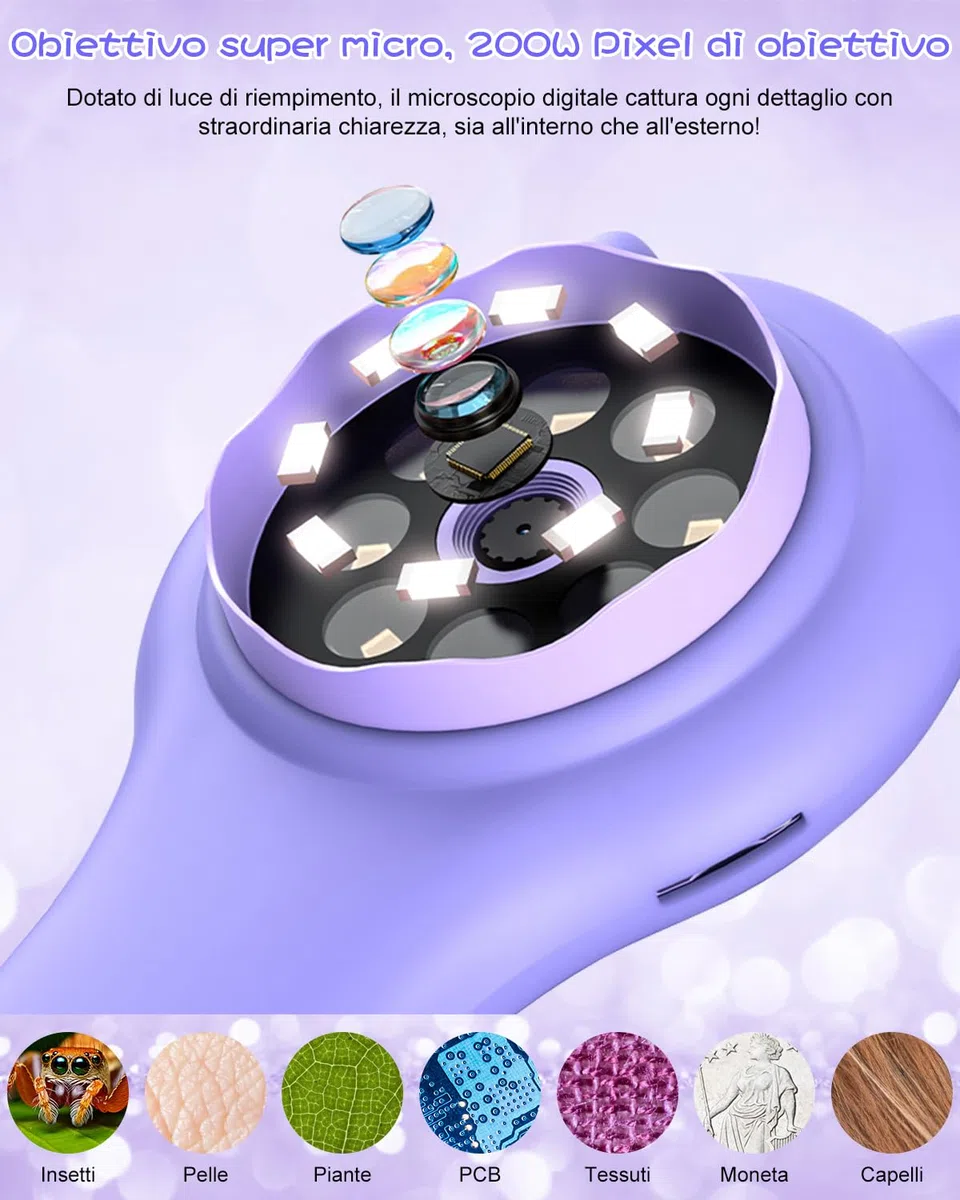 Microscopio per bambini, Vankarr microscopio portatile 500X con schermo IPS 2,0", giocattolo educativo per microcosmo, appassionati di scienza, compleanno, Natale, Viola
