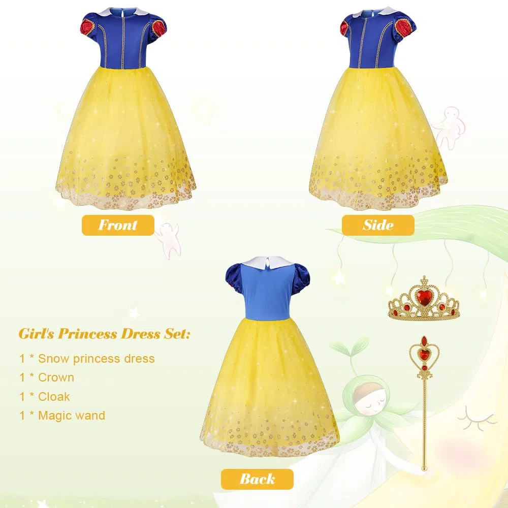 Aomig Snow Principessa Vestito, Snow Bianco Costume Principessa Carnevale Costumi con Corona e Scettro Principessa Bambina, Bianco Neve Costumi con Mantello per Ragazze Natale Halloween Cosplay,120cm