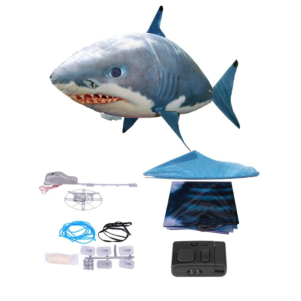 Brrnoo Squalo Volante Telecomandato, di Pesce Pagliaccio Squalo Giocattolo Gonfiabile Palloncino RC Gonfiato, Giocattolo Squalo Volante (Squalo Blu)