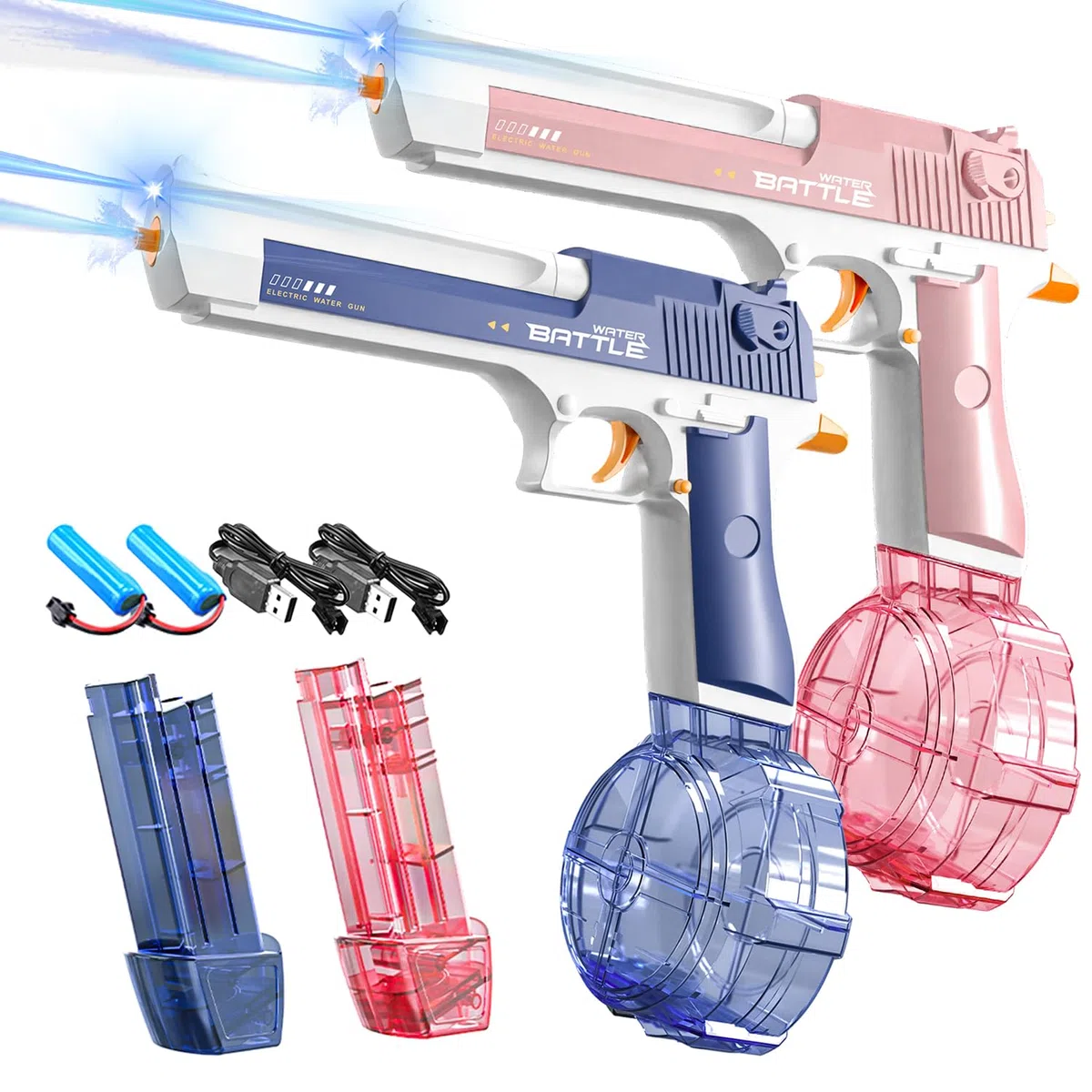 Pistola ad Acqua Elettrica 2 Pezzi, Pistole ad Acqua Ricaricabile con LED, Pistola Acqua Bambini Automatica, Capacità 434+58ml, Portata 8-10M, Giocattolo Estiv per Bambini e Adulti, Piscina, Spiaggia