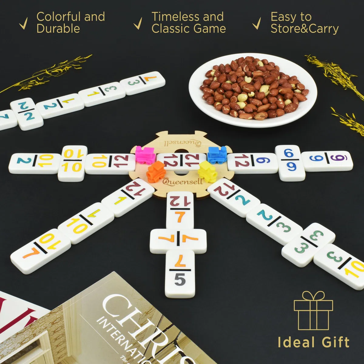 Queensell Set di domino con treno messicano per adulti, set di domino con numeri per giochi da tavolo classici, set di domino doppio con 12 numeri per giochi di famiglia, set domino 91 piastrelle con
