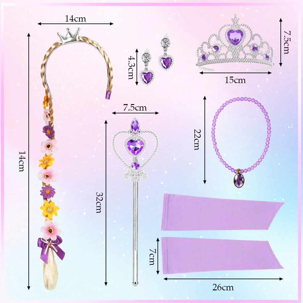 AOOWU Costume da Principessa Rapunzel per Bambina, Vestito Rapunzel con 6 Accessori, Abito da Principessa Viola, Cosplay Halloween Carnevale Abito per Ragazze(100-150)
