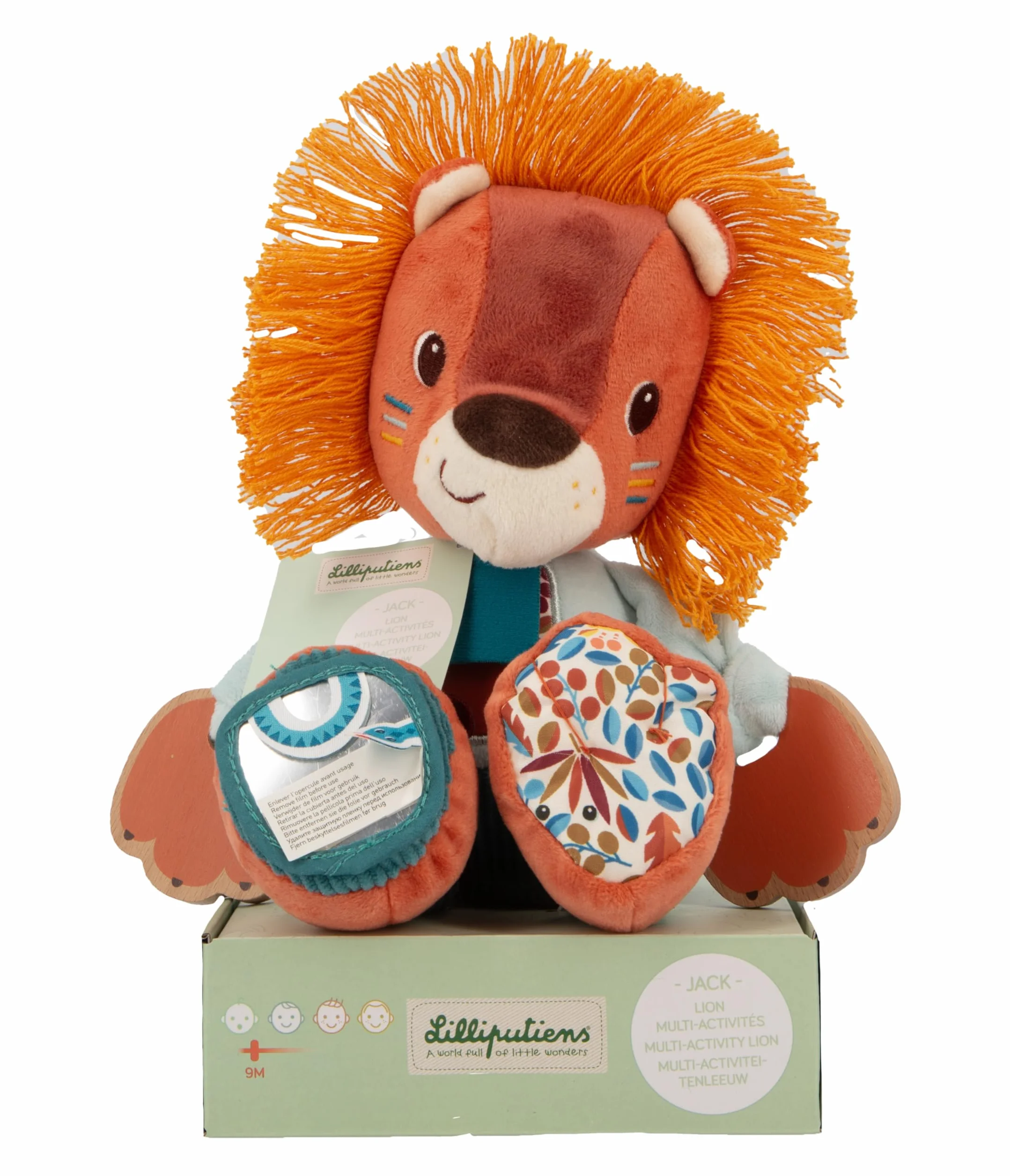 LILLIPUTIENS - Peluche attività Jack Il Leone - Sonaglio interattivo per Bambini con Specchio, campanella e Rumore di Carta - Stimola i Sensi, Le capacità motorie e l'immaginazione - 9 Mesi+
