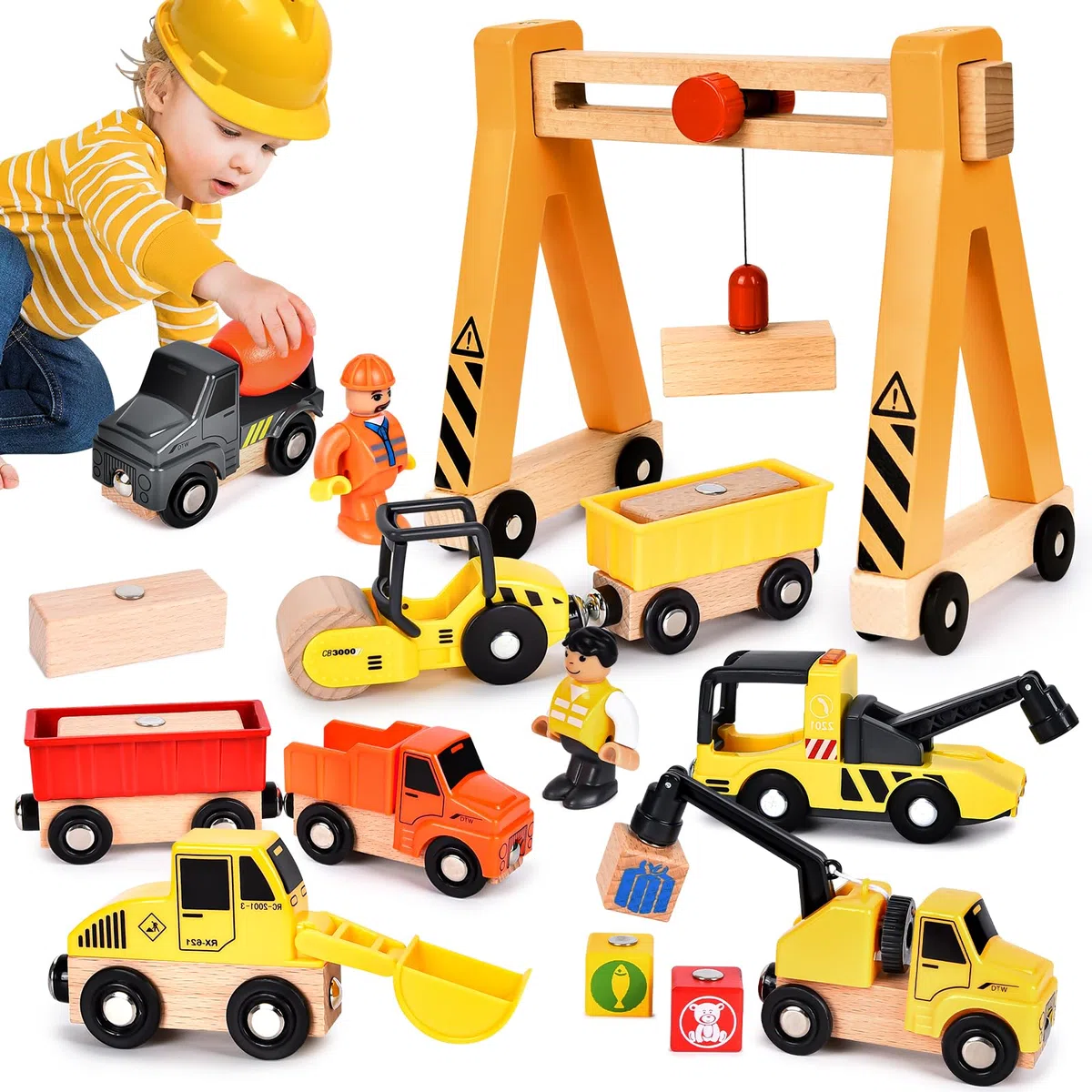 Buzzoxerex Veicolo da Cantiere in Legno per Bambini, Magnetico Veicoli Gru Giocattolo con Gru a Cavalletto, Rullo compressore, Carro Attrezzi, Veicoli da Costruzione Regalo Bimbo dai 3 anni