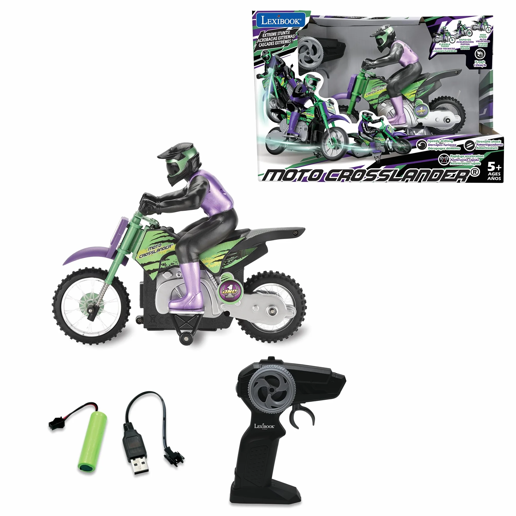 Lexibook, Crosslander®, Moto fuoristrada radiocomandata, fino a 12 km/h, equilibrio perfetto, effetti luminosi, sgommate pazzesche, accelerazione rapida, telecomando ergonomico, ricaricabile, RC18