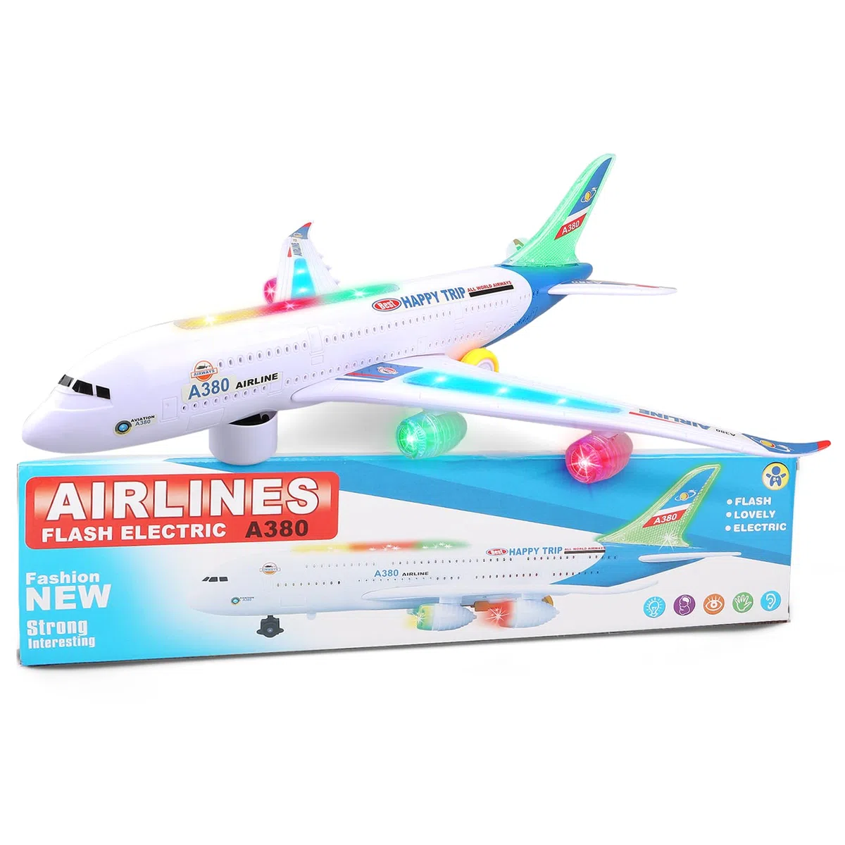 Bump and Go - Aereo giocattolo realistico con luci e suoni 4D, giocattolo per bambini dai 3 ai 12 anni, cambio automatico di direzione in caso di collisione, ottimo regalo per ragazzi e ragazze (blu)