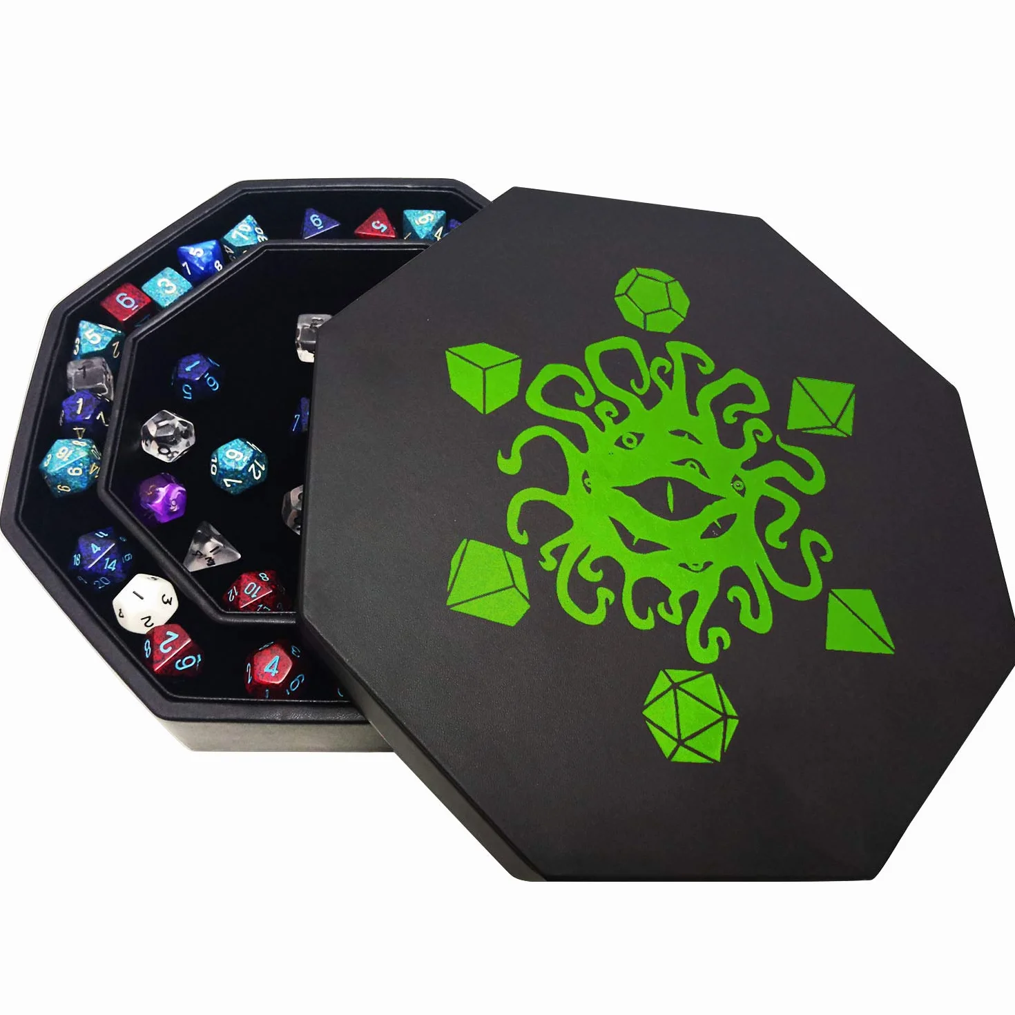 VASSOIO PER DADI FATE WATCHER con COPERCHIO e vano contenitore in similpelle e velluto | COMPATIBILE con tutti i tipi di giochi da tavolo e di ruolo come D&D, Pathfinder e The Call of Cthulhu (verde)