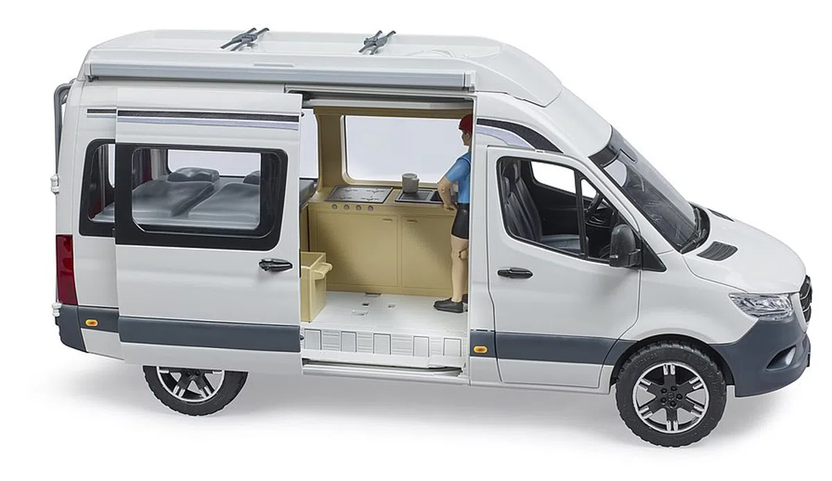 bruder 02672 - Camper Mercedes Benz Sprinter con Autista, Set Giocattolo da Campeggio con Tavolo e stoviglie