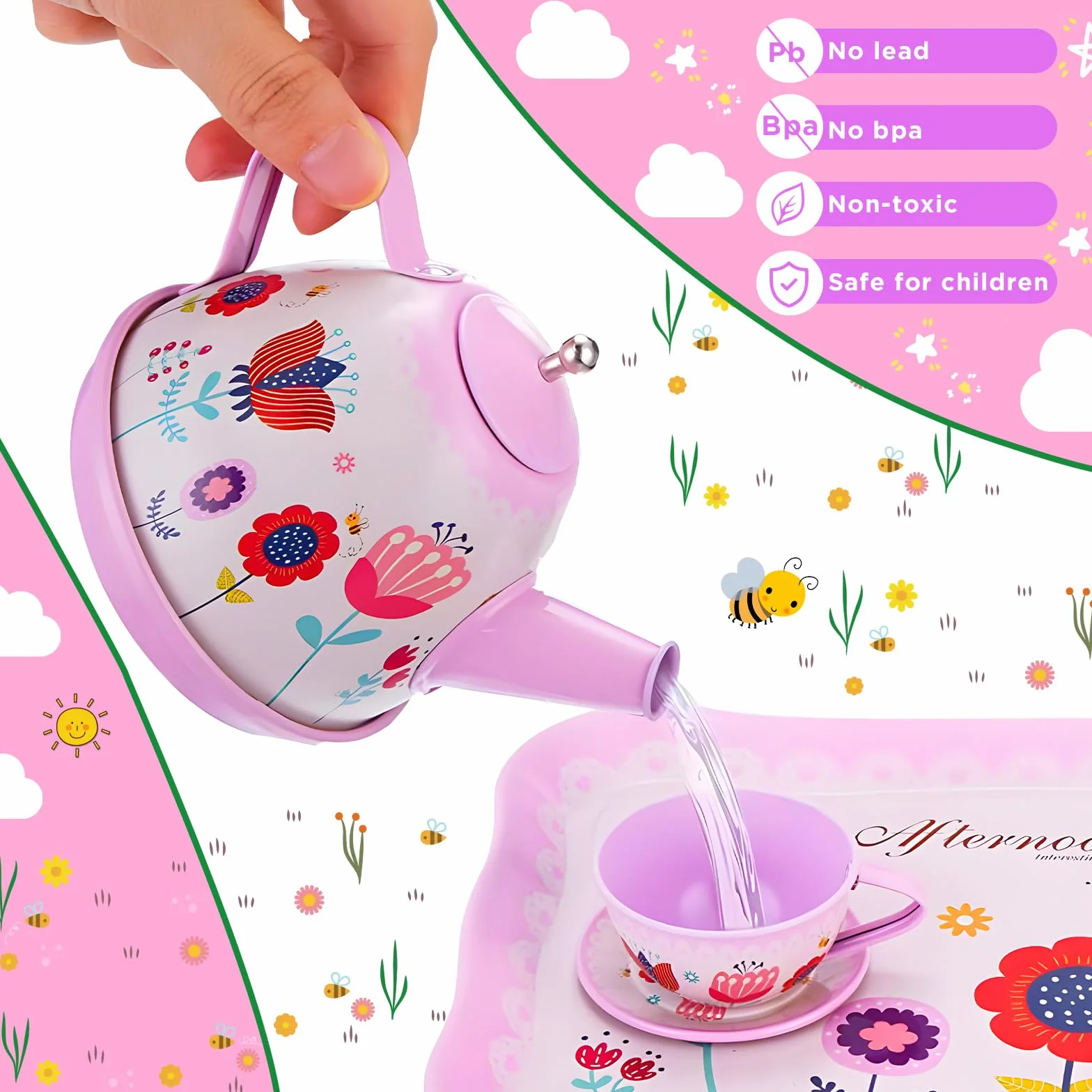 Set da tè Giocattolo per Bambini, 46 Pezzi Cibo Accessori Cucina, Dessert Giocattoli con Gelato Servizio, Giocattoli Bambina Cucina in Latta Regalo per Bambina Bambini 3 4 5 6 7 8 Anni