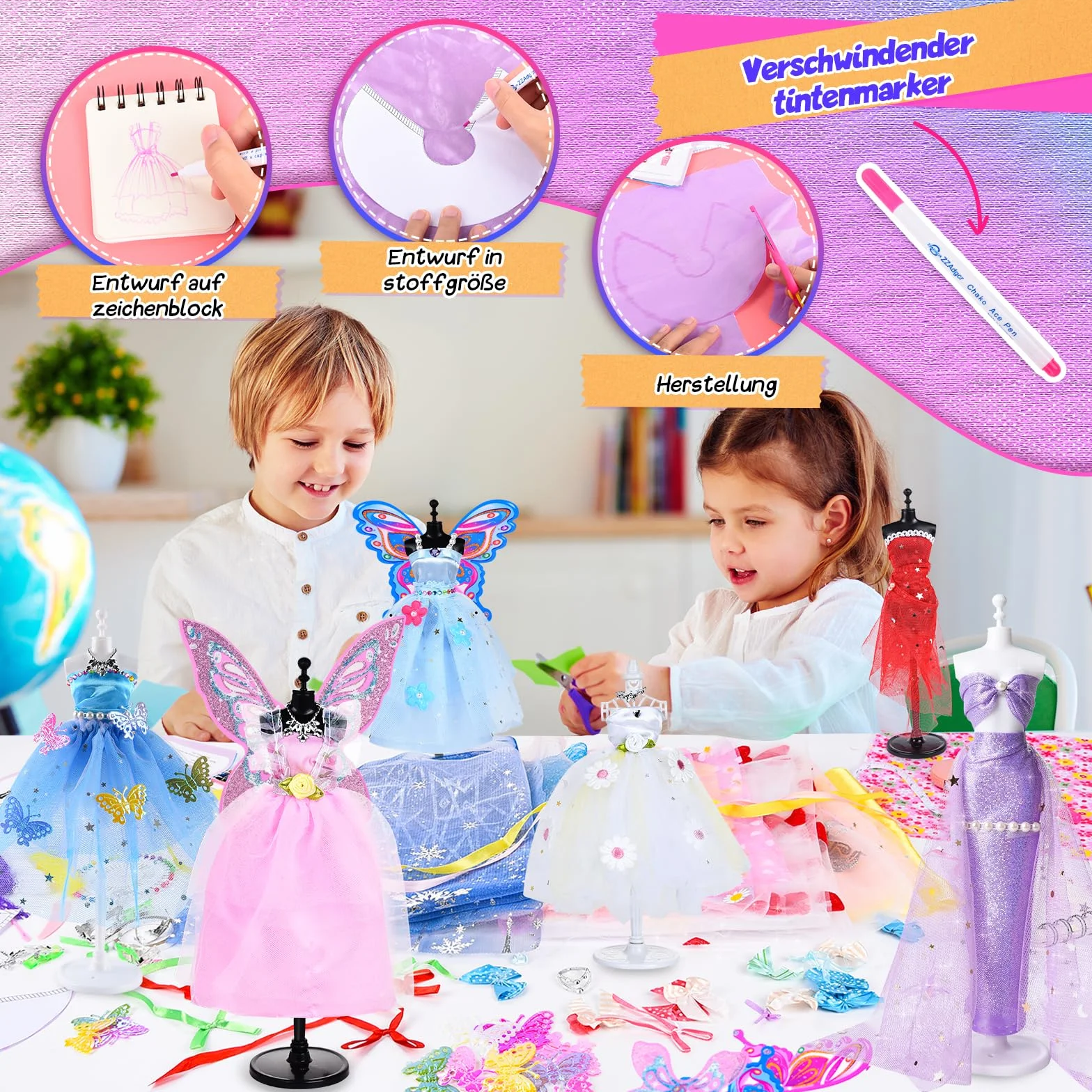 JONRRYIN Fashion Designer Kit, 600+ Kit di Design di Moda per Ragazze, Kits da Cucito per Bambini con 2 Manichini, Arte e Artigianato Creativo Design Moda per Bambine 8 9 10 11 12 Anni