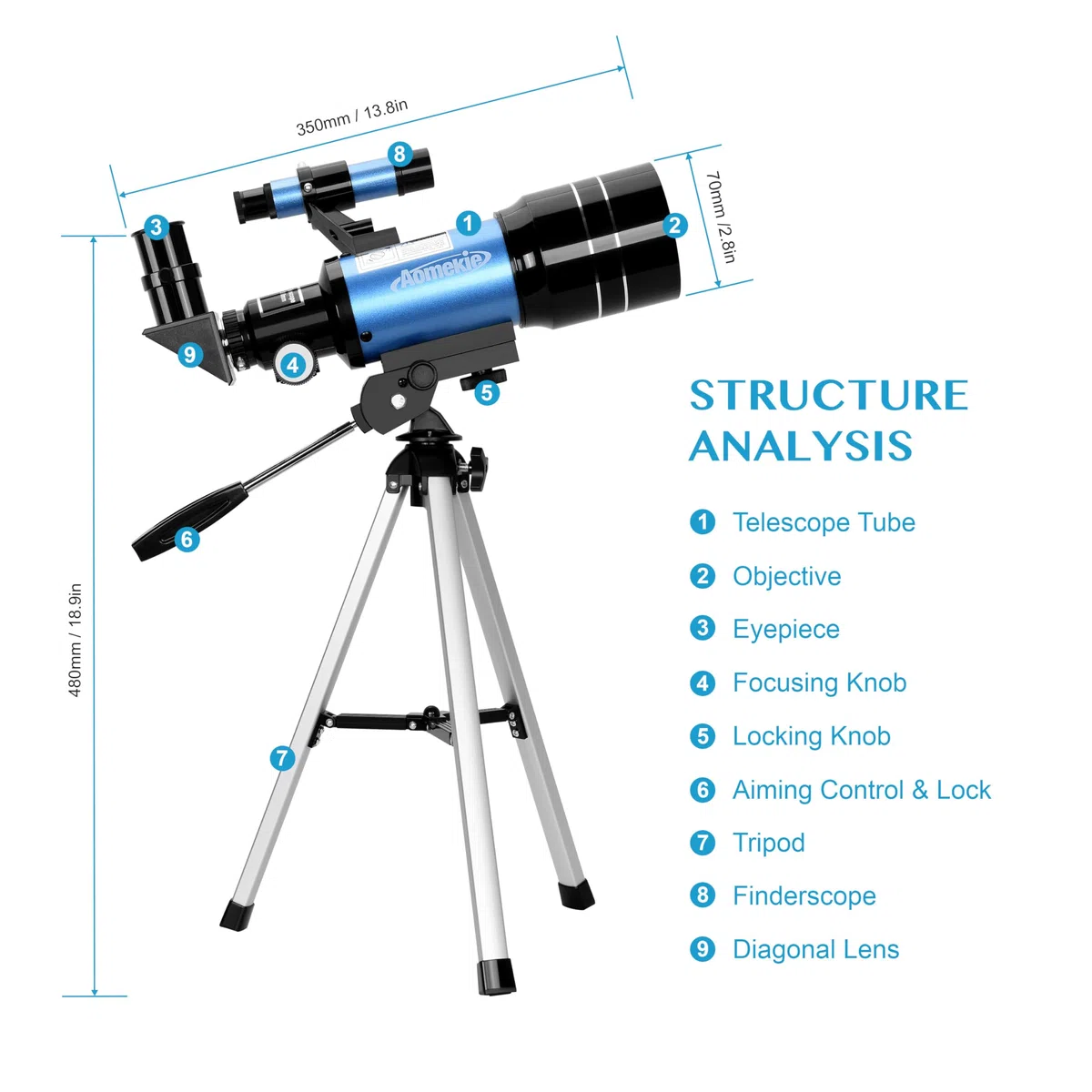 Aomekie Telescopio Astronomico 30070, 150X ingrandimento con Lente Barlow 3X e Adattatore per Smartphone, Ideale per Bambini e Principianti, Regalo per Compleanni e Feste