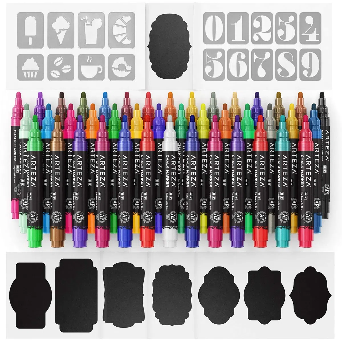 ARTEZA Pennarelli a Gesso Liquido Cancellabili, Confezione da 42 Colori a Base d'Acqua con 50 Etichette per Lavagna Gratuite e Punte Sostituibili per Bambini, Adulti, Bistrot e Ristoranti