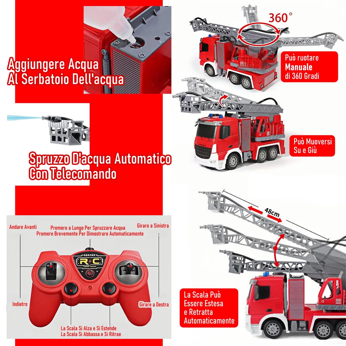 Scala 1:24 telecomandata Giocattolo camion pompieri,con pompa spruzzatrice d'acqua, Camion pompieri radiocomandato con scala estensibile e luci, Scala girevole Manuale, Ricaricabile,Rosso