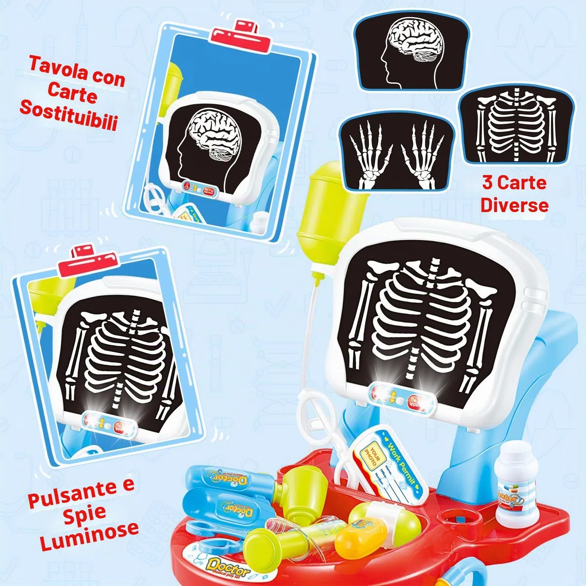 deAO Carrello da Dottore con Suoni e Luci, Kit Medico Giocattolo Dottore con Stetoscopio Siringa Termometro Pulsometro, Dottore Infermiere Medico Carrello per Ragazzi Ragazze Compleanno Natale Regalo