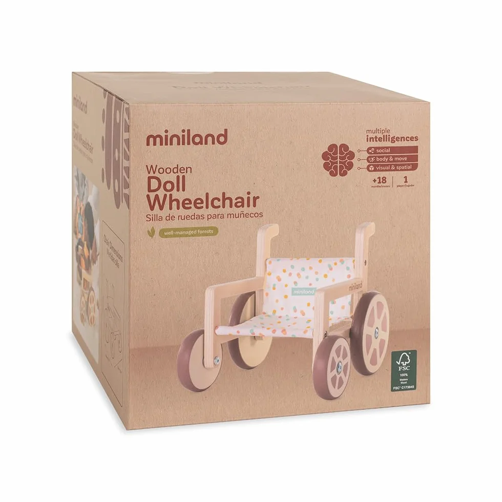 Miniland Sedia a rotelle realizzata con materiali ecologici per bambole fino a 38 cm.