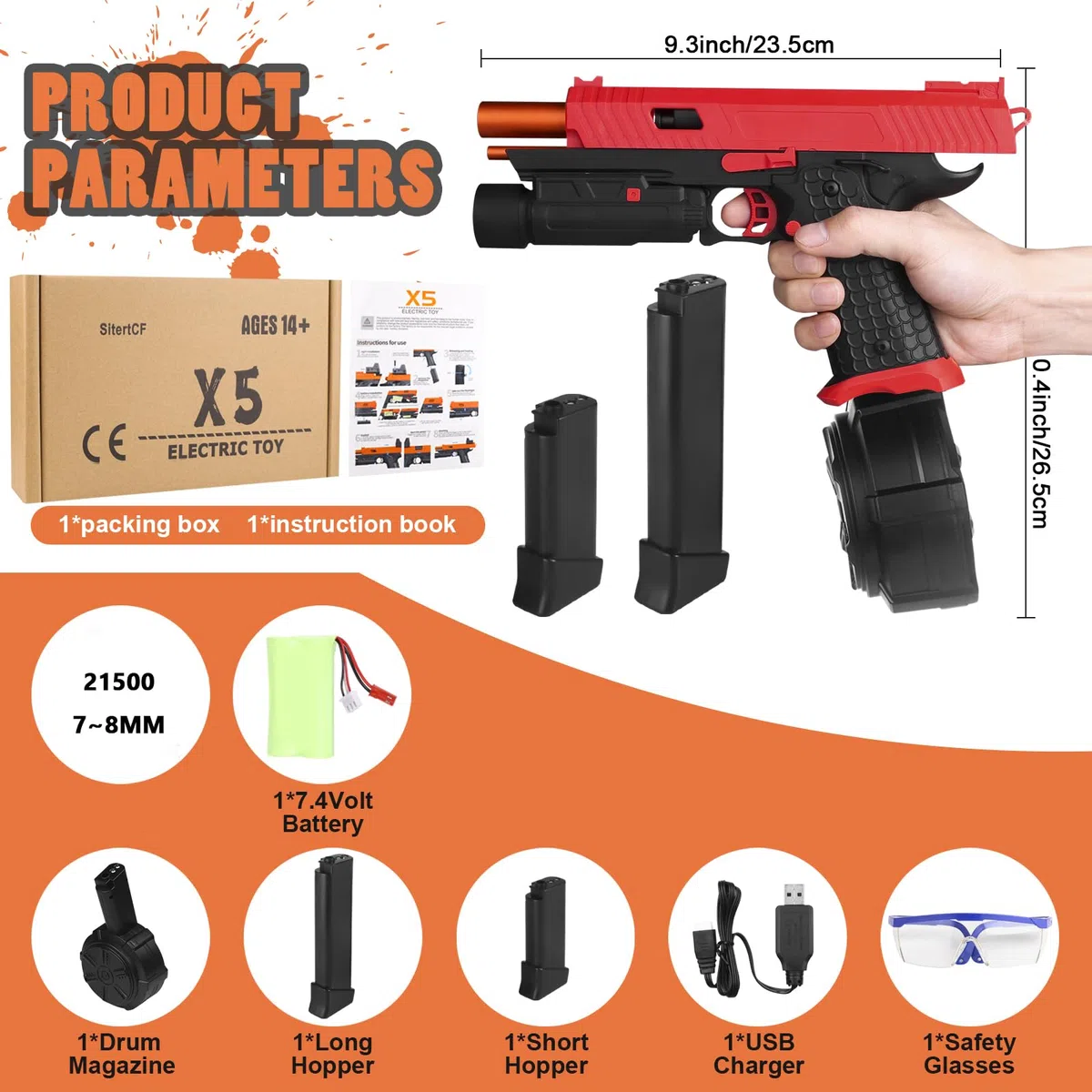 Giocattolo elettrico Gel Blast Nuovo X5, Completamente Automatico con Tamburo e Occhiali Dump Outdoor Team Game, JM - X2 Upgrade Dump 14+, Rosso