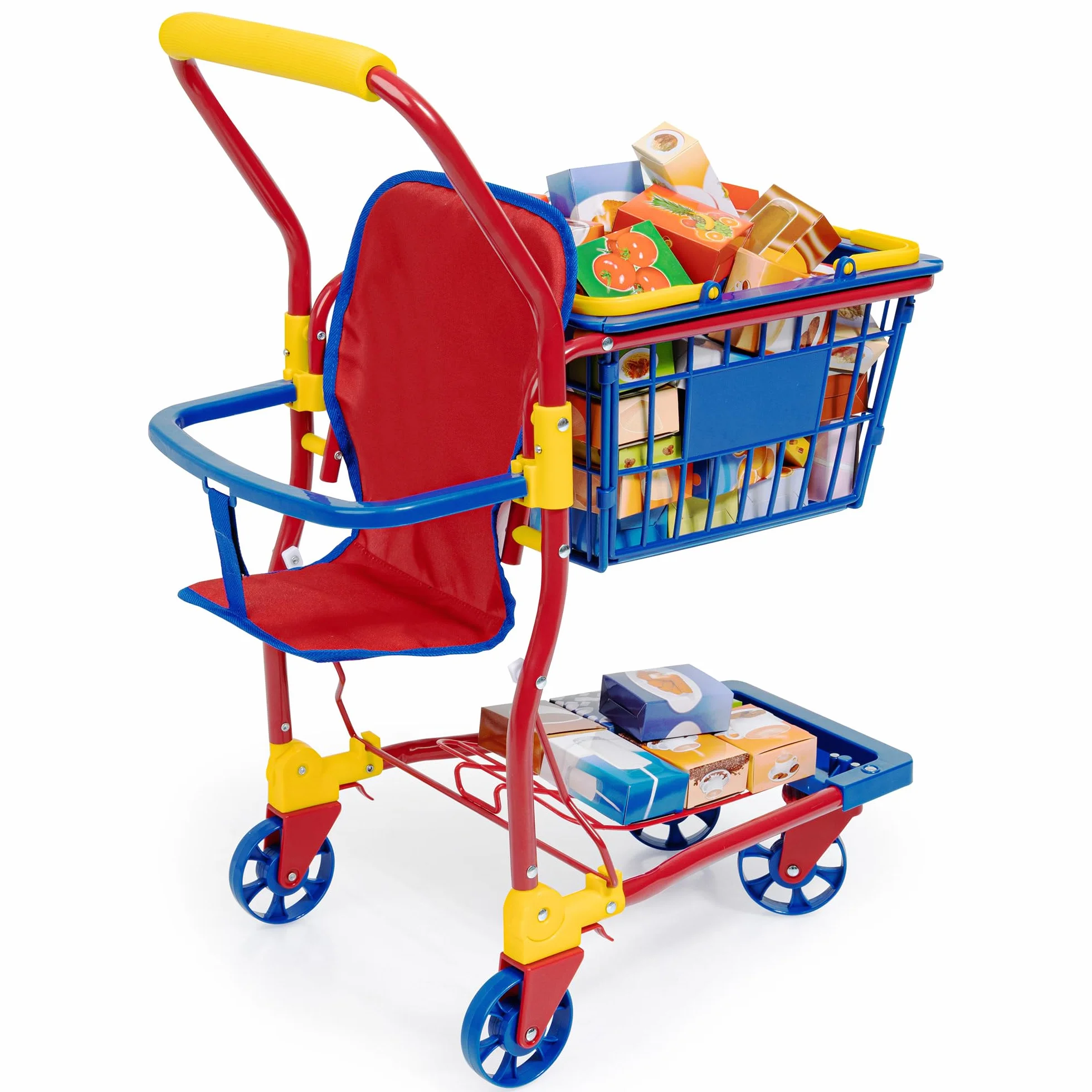 Bayer Design 75003AA Carrello della Spesa per Bambole con Sedile Integrato, Accessori per la Spesa Colorati