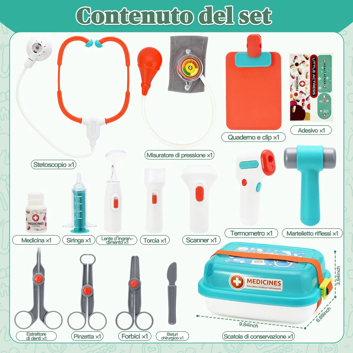 VBACALA Valigetta Dottore per Bambini,17 Pezzi Set Giocattolo Medico con Stetoscopio Giocattolo,Siringa,Termometro,Giochi di Ruolo da Dentista,Regalo Kit Dottore Bambino per Ragazze e Ragazzi 3+ Anni