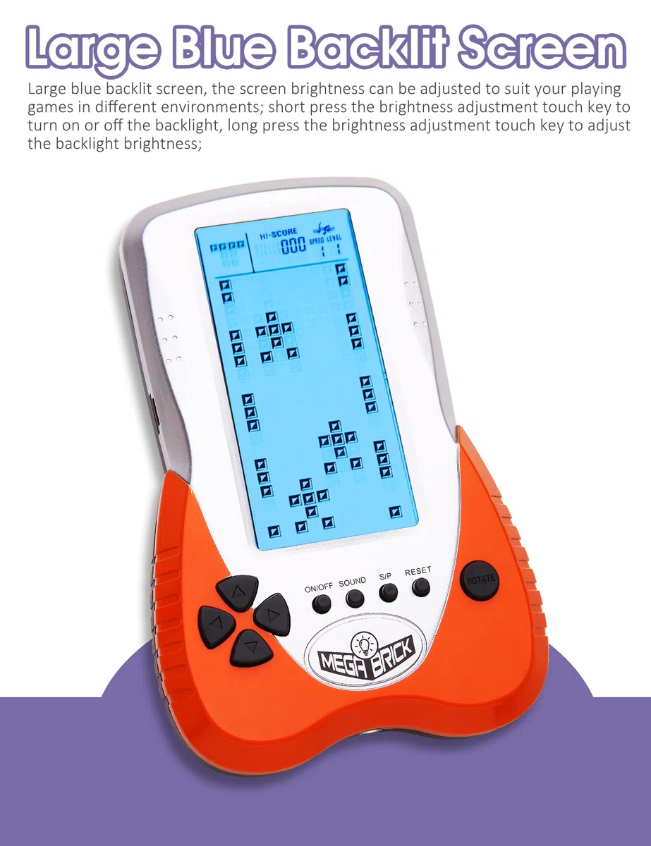 HLF Nuova console di gioco in mattoni con grande schermo La luminosità della retroilluminazione blu può essere regolata in 23 giochi compatibile con batteria al litio e batterie AAA (Arancia)