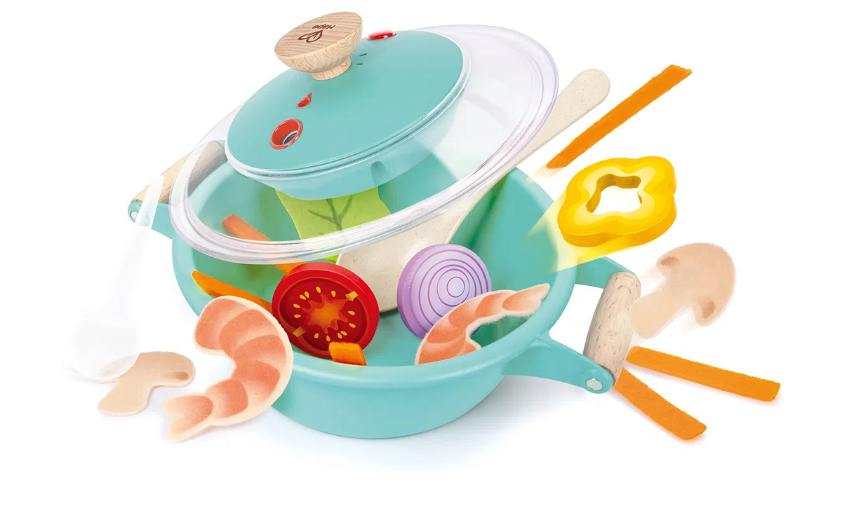 Hape - Set cucina al vapore per piccoli chef | Pentola giocattolo interattiva con contagocce e cibo giocattolo per bambini dai 3 anni su